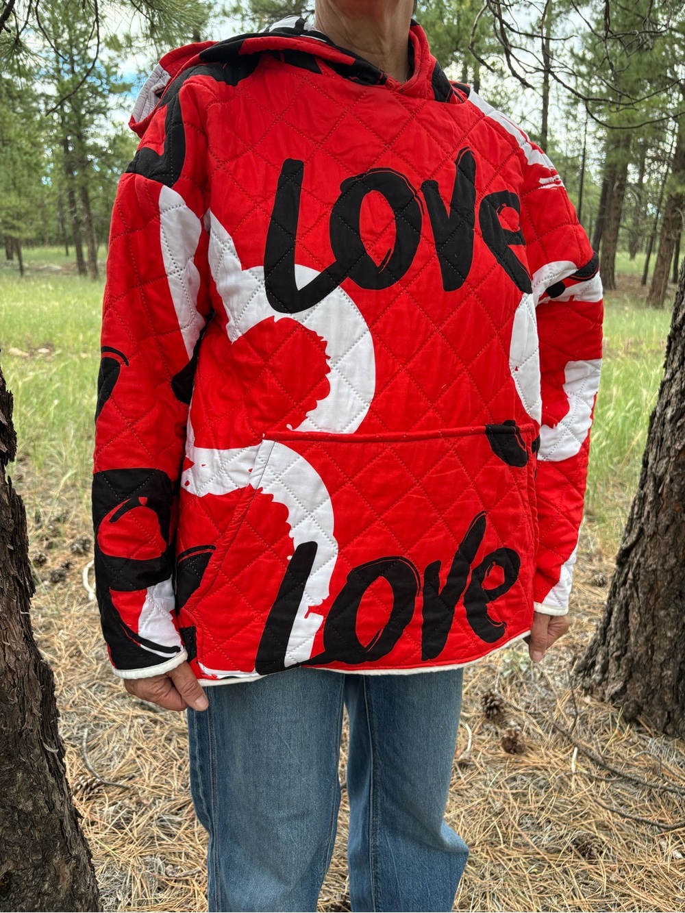 Upcycled Red 'Love' Quilted Women's Hoodie - Picture 2 of 7